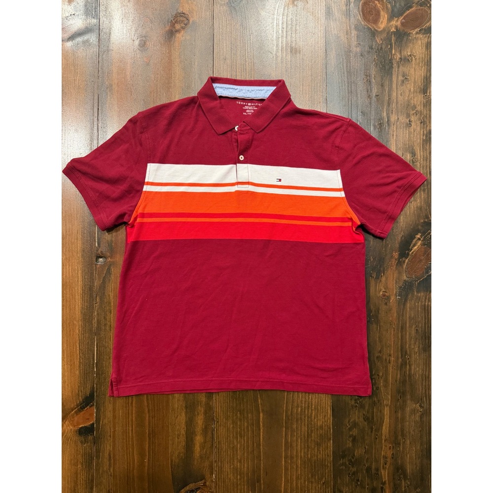 Tommy Hilfiger Mens XXL Regular Fit Polo Shirt Burgundy Red Orange White Stripe